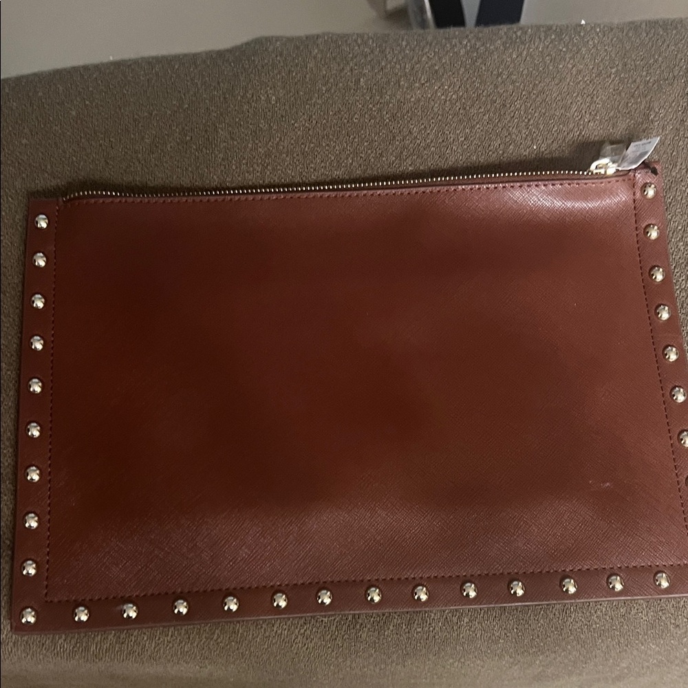 White House Black Market Brown Studded Leather Zip Pouch